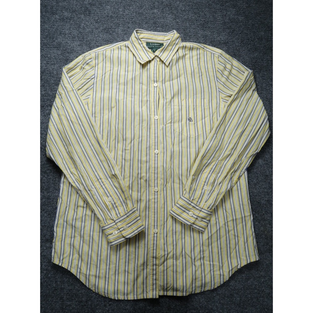 Lauren Ralph Lauren Women Yellow Blue Striped Long Sleeve Button Up Shirt Sz S